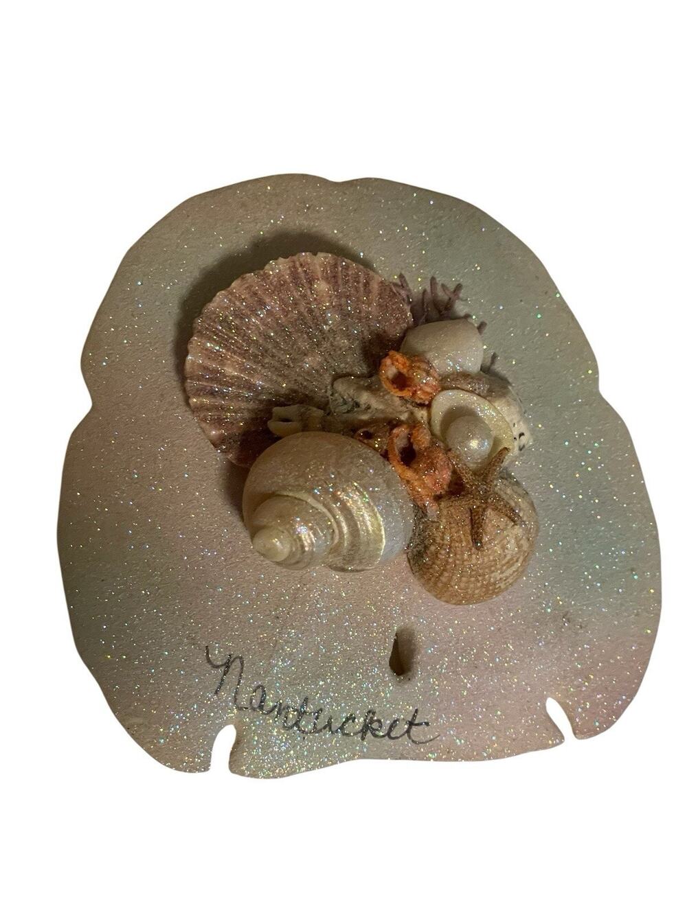 VTG Nantucket Souvenir Sand dollar Nautical Keepsake Art Glitter Handmade OOAK